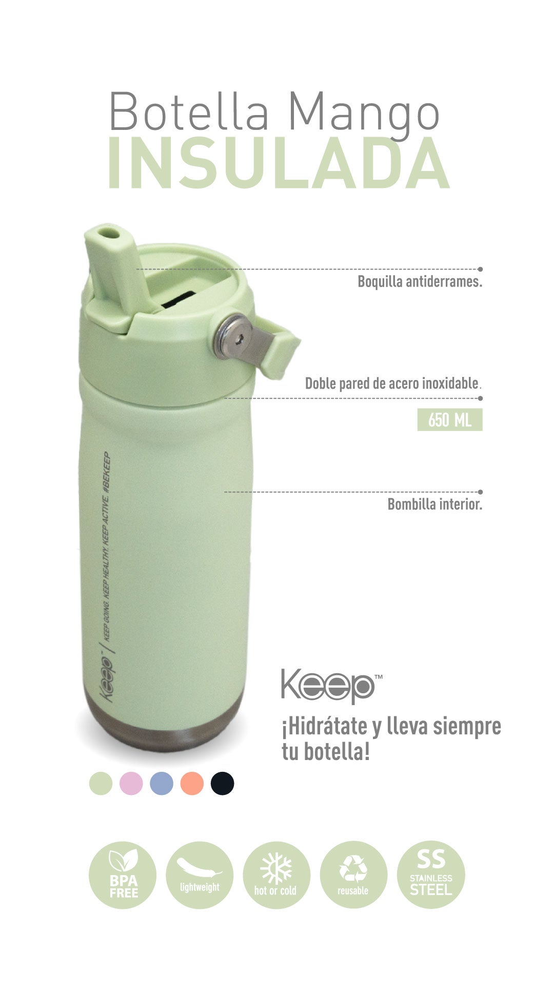 Botella Insulada Doble Pared 650ml Keep
