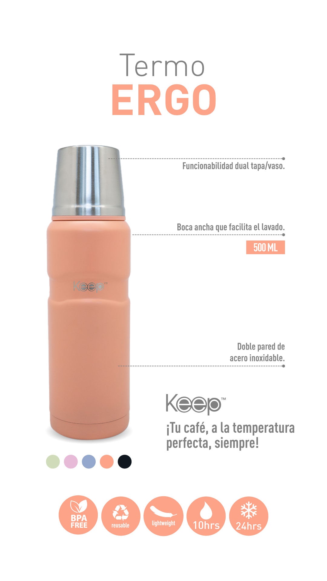 Termo Ergonómico Keep Acero Inoxidable 500ML